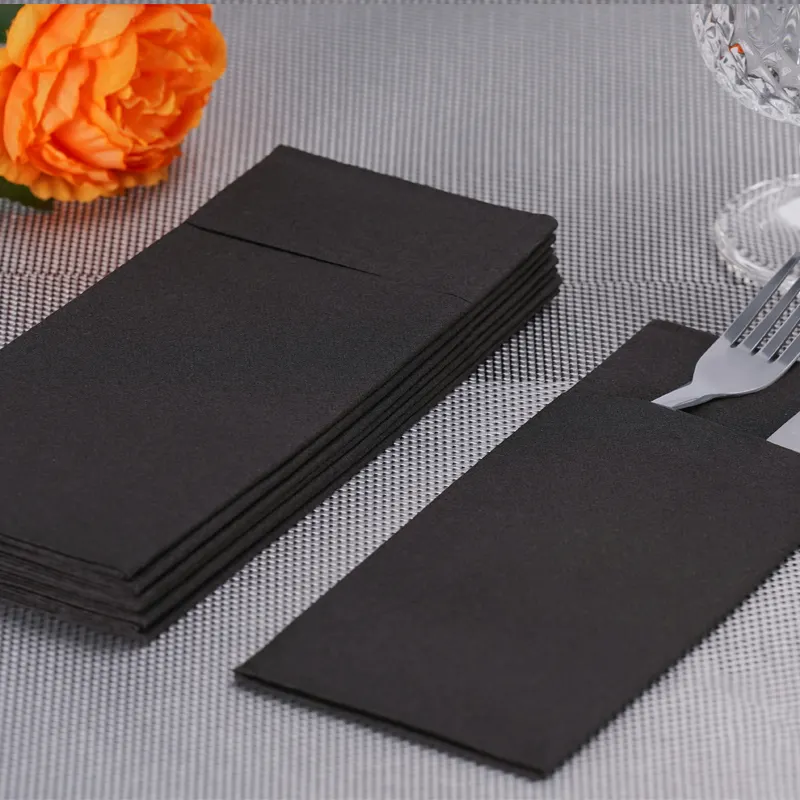 Servilleta de cena de bolsillo Air Laid de alta calidad gruesa, servilleta de boda, logotipo personalizado negro, mesa, restaurante, papel desechable