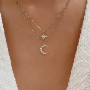 Luxury 925 Sterling Silver Curb Chain Moon Star Pendant Ladies Necklace For Women