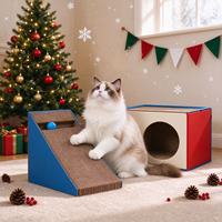 Tempat Tidur Kucing dari Karton Bergelombang, Alas Garuk yang Dapat Diganti, Mainan Bola Logam, Permainan Mandiri untuk Kucing saat Natal