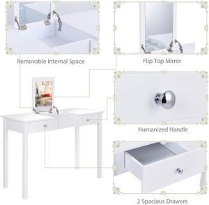 Bureau de maquillage avec dessus rabattable, 2 tiroirs et organisateur amovible, bureau de toilette pour chambre à coucher, bureau d'écriture pour filles et femmes, blanc - Product Image 4