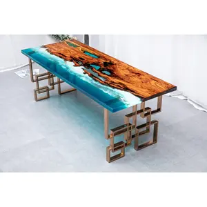 Ambila Wood Clear Epoxy Resin Table โต๊ะรับประทานอาหารแม่น้ำที่น่าตื่นตาตื่นใจพร้อมขาสแตนเลสสีทองสไตล์มหาสมุทร