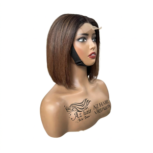 AZ HAIR Vietnamese Human Hair Bob <b>Wig</b> Swiss Lace Front Glueless Transparent Lace <b>Brown</b> Color Average Size - Product Image 1