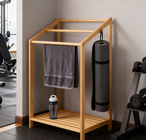 رف ملابس من الخيزران بطبقتين قائم بذاته، رف تخزين عصري متعدد الوظائف لعرض البطانيات، منظم غير قابل للطي ومحمول - Product Image 2