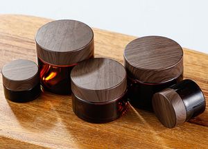 Vendita calda 5g 10g 15g 20g 30g 50g 100g confezione cosmetica per la cura del viso marrone ambra vasetto di crema di vetro cosmetico con coperchio in legno scuro - Product Image 4