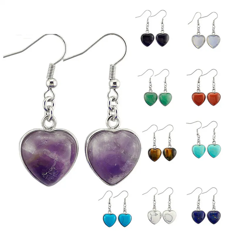 En gros En Forme De Coeur de Cristal De Pierres Précieuses Naturelles Pierre Dangle Boucles D'oreilles Pour Les Femmes Boucles D'oreilles Bijoux