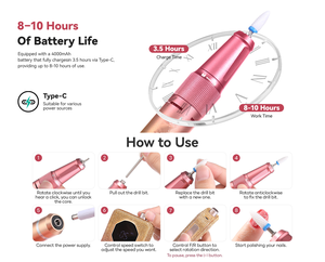 Kit de perceuse à ongles électrique rechargeable Pink Diamond, lime à ongles électrique 40000 tr/min, machine à manucure portable pour acrylique et gel - Product Image 3