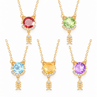 SPJ Wholesale S925 Sterling Silver Natural Topaz Cat Fishbone Necklace Stud Earrings Jewelry Set Cute Cat Lover Gift for Women