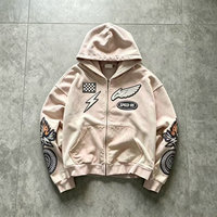 OUNA Sweat à capuche zippé pour homme, avec patchs de course brodés, style streetwear, sur mesure, vente en gros, fabricant, coupe oversize, vintage, OEM