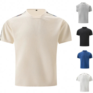 2024 verano nuevo estilo moda Color Beige camiseta interior con contraste Color hombro empalme y Waffle PatternT-Shirt - Product Image 1