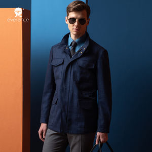 Giacca Safari da <span class=keywords><strong>Uomo</strong></span> <span class=keywords><strong>Blu</strong></span> <span class=keywords><strong>Navy</strong></span> con Colletto Rialzato, Multi-Tasche, Premium, Casual, per Viaggi d'Affari e Attività all'Aperto - Product Image 1