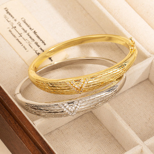 Gold Plated <b>Copper</b> Bangle Double V Design Stackable <b>Bracelet</b> For Women Fashion Jewelry Accessory - Product Image 4