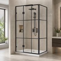 Cabine de douche d'angle noire à cadre quadrillé avec porte vitrée à charnières et receveur, sur mesure, pour salle de bain moderne, vente en gros
