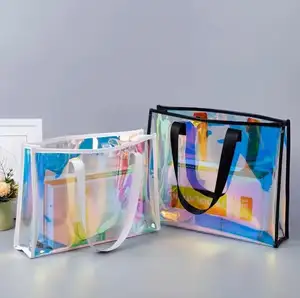 플라스틱 투명 Pvc 선물 토트 핸드백 낮은 Moq 홀로그램 Pu 레이저 핸들 가장자리 강한 가방 여성용