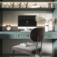 Ensemble moderne intégré chambre et bureau à domicile avec lit, bureau, étagères LED et armoire pleine hauteur – Mobilier multifonctionnel sur mesure