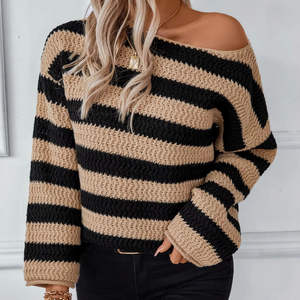 Wholesale Winter Women's <b>Jumper</b> Loose Casual Pullover Oversize Stretchy Ribbed Boat <b>Neck</b> Color Blocking Striped Plus Size - Product Image 1