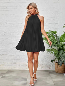 <span class=keywords><strong>Robe</strong></span> élégante pour femmes, nouvelle collection printemps, couleur unie, plissée, sans manches, col montant, nœud papillon, lacets - Product Image 6