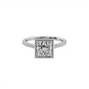 Bague de fiançailles en diamant de laboratoire taille princesse personnalisée en or blanc 18 carats sertie de bézel plaqué rhodium certifiée IGI - Product Image 1