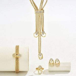Korean Style Gold Plated Alloy Link Chain <b>Necklace</b> Earrings Versatile Finger <b>Ring</b> Set Trendy Fresh Crystal Niche Design - Product Image 1