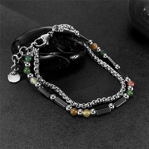 Bracelet jonc en acier inoxydable avec perles d'agate naturelle et maillons géométriques pour homme, style hip-<span class=keywords><strong>hop</strong></span> rock, cadeau bijou - Product Image 4