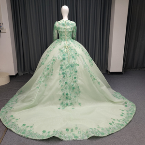 ชุดราตรีงานเลี้ยงทรงบอลกาวน์สีเขียววินเทจ ANY178 แขนยาว แต่งดอกไม้ปักลาย ประดับลูกปัด ลูกไม้ คริสตัล เอวทรงธรรมชาติ - Product Image 2