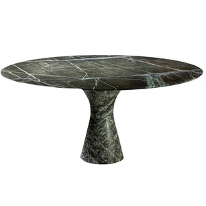 <span class=keywords><strong>Table</strong></span> à manger en marbre vert foncé Moody, piétement cintré unique, plateau rond allongé, veines naturelles, <span class=keywords><strong>table</strong></span> à manger contemporaine - Product Image 1