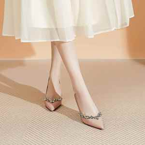Chaussures à talons aiguilles pour femmes, style français de luxe, à enfiler, couleur nude, avec strass, talon fin de 8 cm, en PU, printemps/automne - Product Image 3