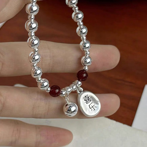 S925 Sterling Silver Peace Charm <b>Bracelet</b> With Red Agate <b>Beads</b> For Women Gift Jewelry - Product Image 4