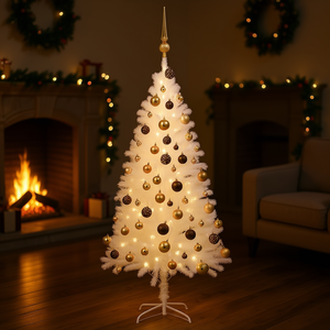 Árbol de Navidad Artificial Blanco Preiluminado de 47.2 Pulgadas con Juego de Bolas Doradas, Luces LED Cálidas, Base para Interior - Product Image 2