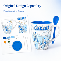 Tasses en céramique souvenirs de Santorin, Grèce, avec motif des monuments de l'île, tasses à café et à lait en céramique avec cuillère, OEM ODM, vente en gros