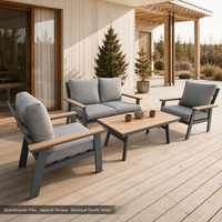 Ensemble de canapé de patio scandinave en aluminium, structure anthracite, accoudoirs en poly-bois teck + plateau de table, 2 places + 2 chaises pour villa nordique