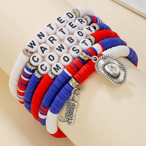 Western Cowboy <b>Bracelet</b> Set Polymer Clay Letter Beads Alloy Pendant Elastic <b>Rope</b> Jewelry Unisex Gift - Product Image 3