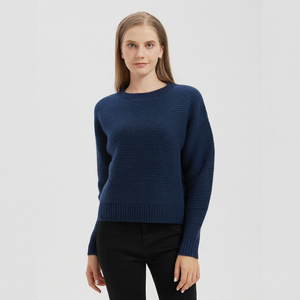 Pull en cachemire 100% pur pour femme, bleu marine, col rond, manches longues, tricot côtelé - Product Image 1
