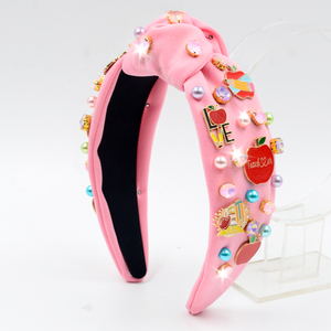 Nueva <span class=keywords><strong>Diadema</strong></span> de Tela de Alta Calidad para el Regreso a Clases, 13 CM, con Perlas y Diamantes de Imitación, Accesorio de Aleación con Diseño de Manzana, Accesorios Personalizados para el Cabello - Product Image 5