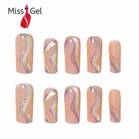 Faux ongles carrés à pression effet vague pailletée arc-en-ciel, 32 pièces, longue durée, longueur longue, pour salon de manucure