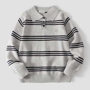 Pull rayé à col polo style preppy pour garçons plus âgés, collection automne-hiver 2026, nouveau style, manteau mi-cardigan en tricot épais pour enfants - Product Image 3
