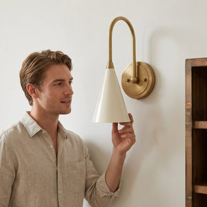 Modern Brass <b>Wall</b> <b>Sconce</b> With White Cone Shade Geometric Design Indoor Home Decor Bedroom <b>Lighting</b> Fixture - Product Image 6