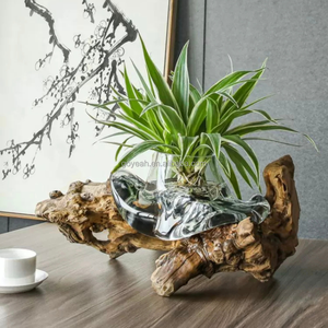 Vase hydroponique transparent vintage en verre soufflé à la main avec base en bois de racine, aquarium pour plantes aquatiques, ornement de table - Product Image 5