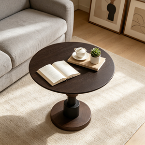 Mesa Auxiliar Redonda de Dos Tonos en Color Oscuro, con Pedestal, de Madera Sólida, Columna Cilíndrica, Estilo Minimalista, para Sala de Estar o Esquina - Product Image 5