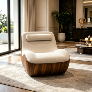 Fauteuil lounge en fibre <span class=keywords><strong>de</strong></span> verre <span class=keywords><strong>de</strong></span> style mid-century avec base finition grain <span class=keywords><strong>de</strong></span> bois et revêtement en tissu crème pour un style moderne - Product Image 5