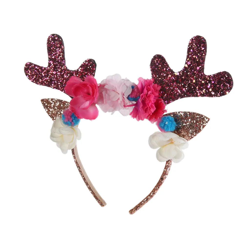 Boutique Christmas Deer Antler Horn hair band red Flashing Sequin flower Reindeer headband for girl women Christmas party