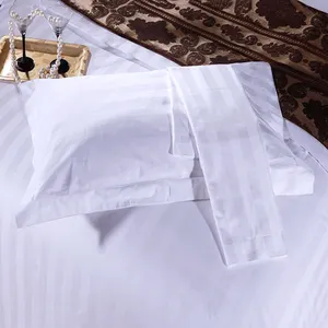 Wholesale Hotel Linen 250TC White Duvet Cover Fitted Bed Sheet Set 3cm Stripe 100% Cotton Bedding Set