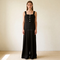 Combinaison noire sur mesure pour femme, coupe large, sans manches, col carré, boutonnée sur le devant, plissée, pantalon long, décontractée et élégante