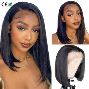 Pelucas de Cabello Humano Remy Brasileño Virgen, Lisas, con Frente de Encaje 13x4, sin Pegamento, Estilo Bob, Densidad 180%, Pre-Plucked, Transparentes, de Seda - Product Image 1