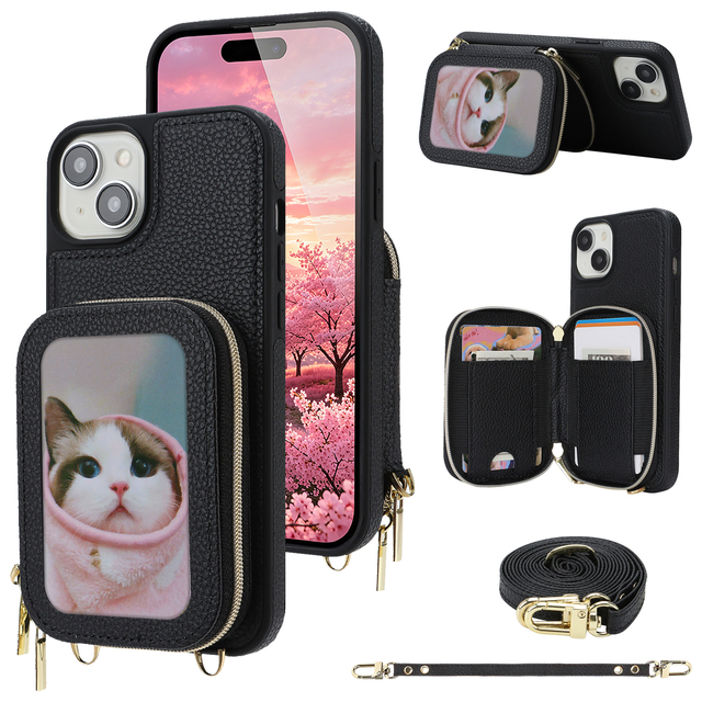 For iPhone 13/14 Pro/15 Stand Wallet Phone case with Lanyard, Cross Body Card Slots case for Samsung Galaxy S26 Ultra