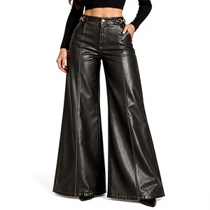 Pantalon palazzo à jambes larges en cuir noir pour femme, taille haute, avec détails boucle - Product Image 1