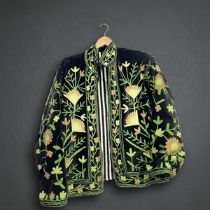 Veste bomber en velours noir Alif à col montant, motif floral brodé à la main, manches longues, élégante, pour femmes, automne, vente en gros - Product Image 1