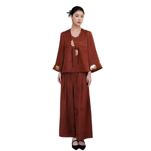 <span class=keywords><strong>Pantalon</strong></span> en soie léger pour <span class=keywords><strong>femme</strong></span>, élégant et polyvalent, avec des éléments traditionnels <span class=keywords><strong>chinois</strong></span> modernes, couleur vin rouge, pour l'automne, style simple et tendance - Product Image 4