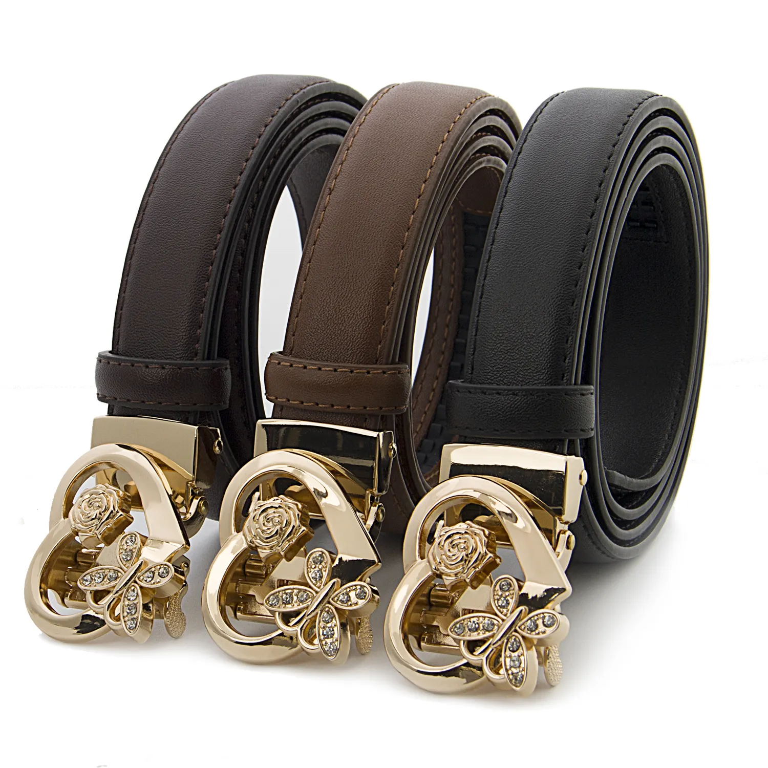 High-end PU leather belt for women Custom Designer rose rhinestone gold buckle belts