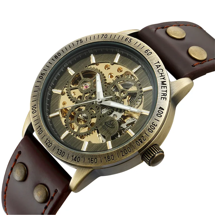 SHENHUA 36 Automatic Watch Pria Skeleton Mekanis Watch Steampunk Vintage Perunggu Kulit Transparan Jam Tangan Montre Homme