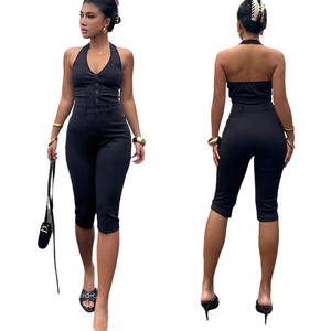 Combinaison noire pour femme, décontractée, sportive, col en V, dos nu, respirante, boutonnée, longueur genou - Product Image 1